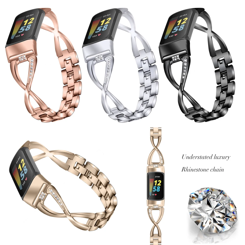 

Luxury Charge 5 Watch Strap Zinc Alloy Rhinestone-studded Smart Watch Band For Fitbit Charge 5 Metal Wristband