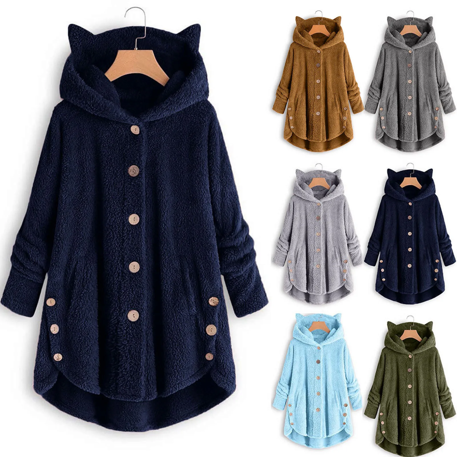 

Fashion Hoodies Women Jacket Button Coat Patchworl Tops Hooded Pullover Loose Blouse Plus Size Warm Thick Windbreaker Outerwear