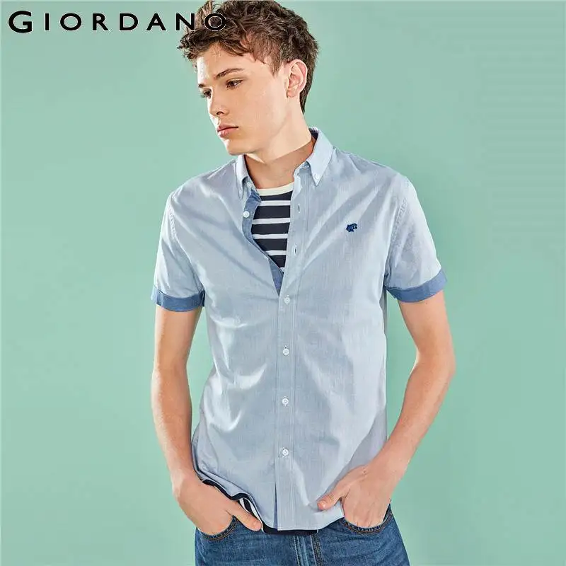 Giordano Оксфорд рубашка с короткими рукавами slim fit и вышивкой лягушки на груди, выполнена из натурального хлопка, имеет два варианта окраса