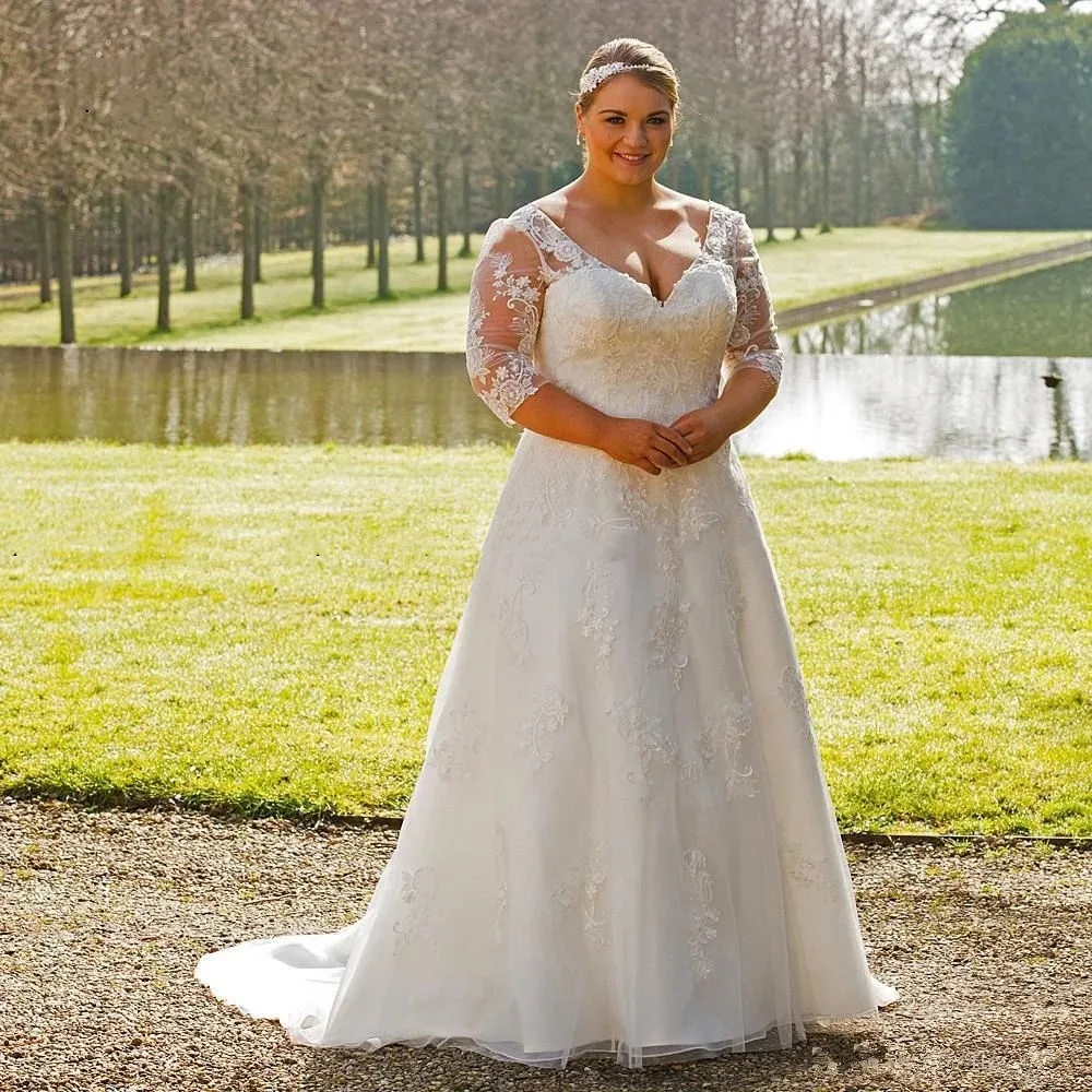 

Modest V-neck Plus Size Wedding Gown with Sleeves A-line Appliqued Lace Bridal Dress 2021 Vestido de Novia Customized