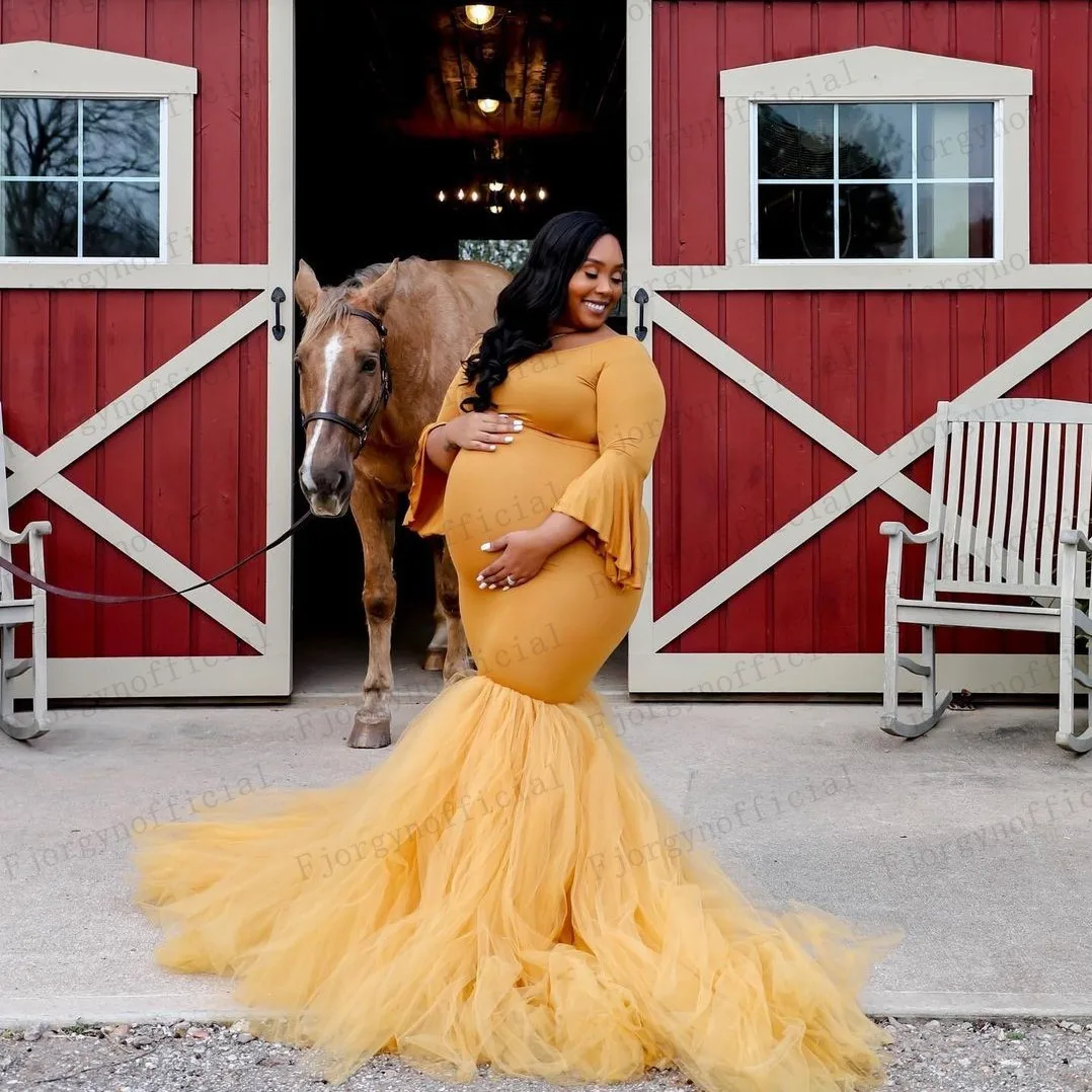 

Elegant Mermaid Gold Maternity Robes Scoop Neck Flare Sleeve Tulle Ruffles Lower Hem Formal Party Dresses Prom Gowns Zipper Back