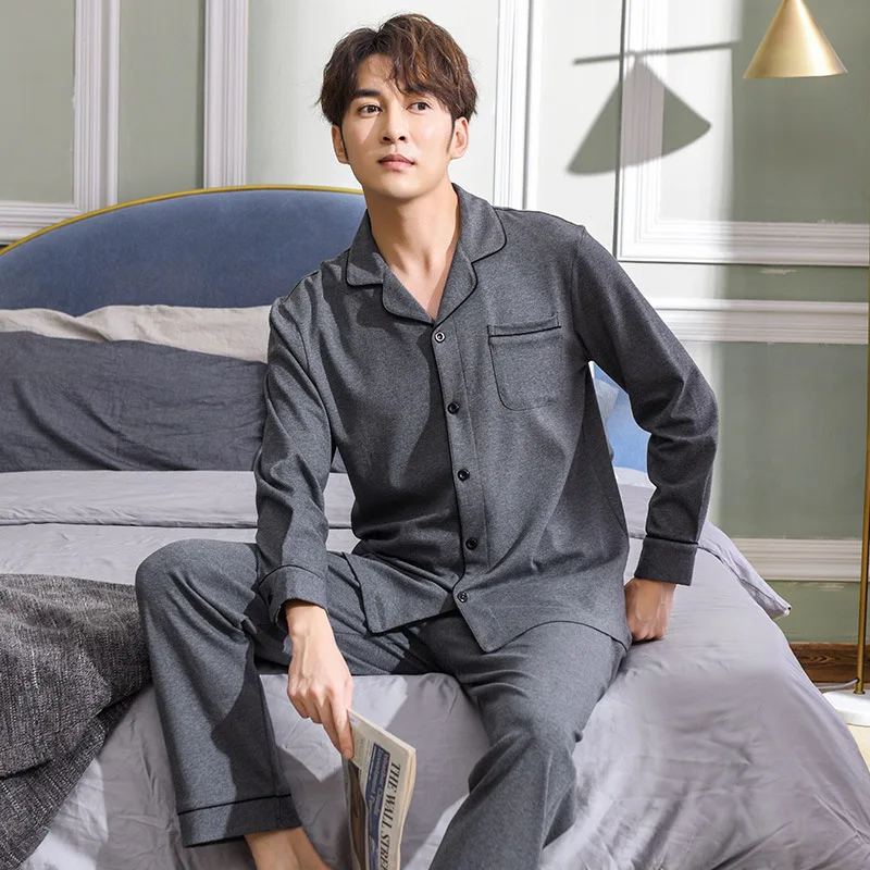 

Хлопковая пижама, мужской кардиган с длинными рукавами на весну и осень, новинка, тонкий кардиган с длинными рукавами и лацканами, большой р...