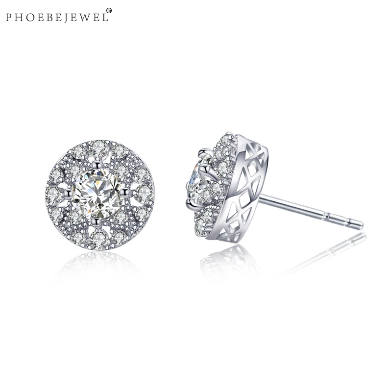 PHOEBEJEWEL простой серебристый цвет круглые женские серьги гвоздики с прозрачным AAA CZ