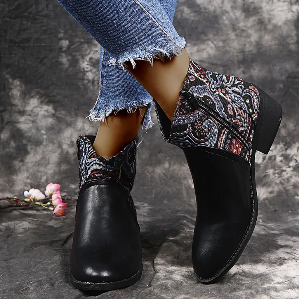 Retro Women Ankle Boots High Heels Zipper Embroidery Short Booties Round Toe Boots Female Women Shoes Bottes Femmes Hiver Retro Women Ankle Boots High Heels Zipper Embroidery Short Booties Round Toe Boots Female Women Shoes Bottes Femmes Hiver