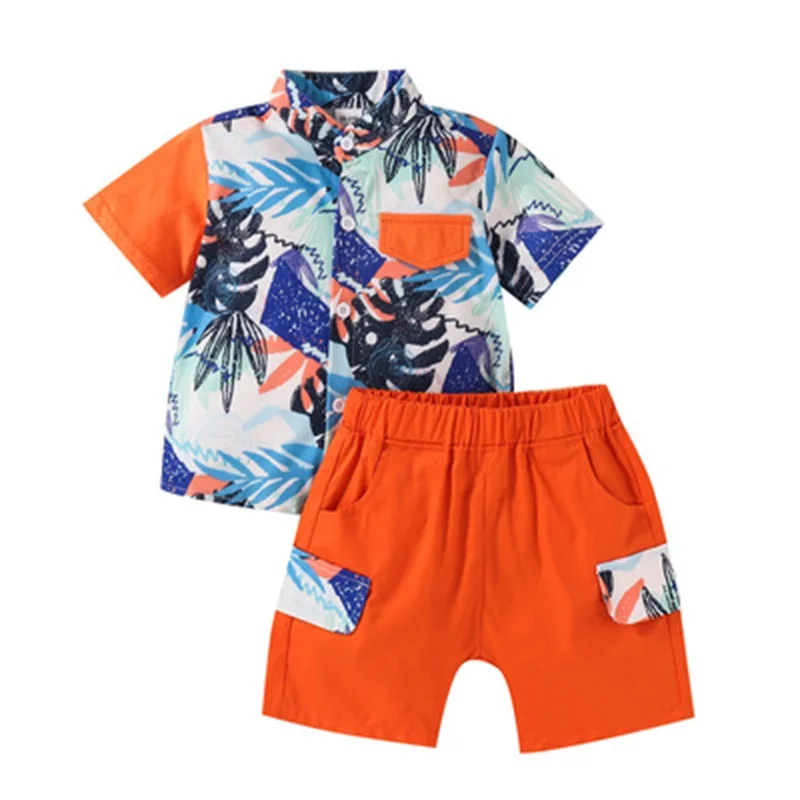 

Hot sale summer 2021 boys new short-sleeved shirt suit casual fashion top + pants for toddlers baby boy clothes set