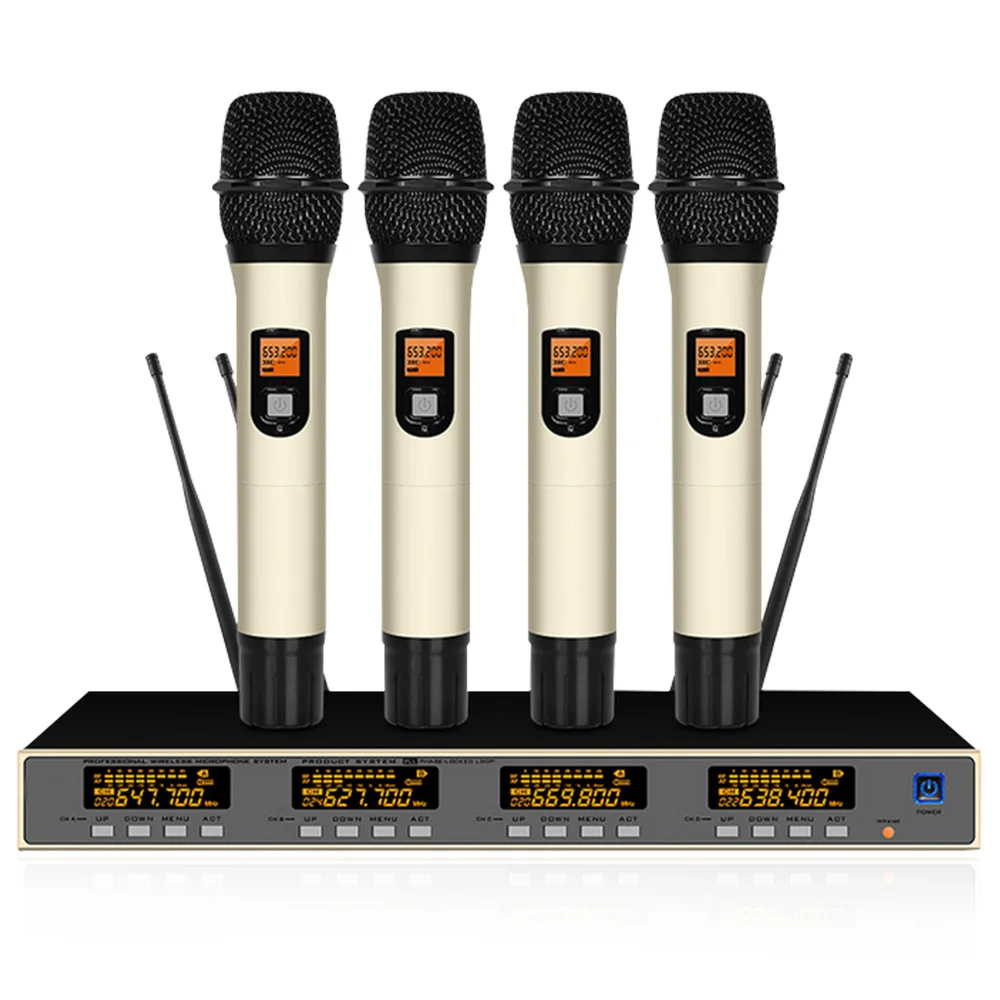 Профессиональный беспроводной микрофон UHF с четырьмя воротниками для выступлений на сцене, школы, церкви, на открытом воздухе.