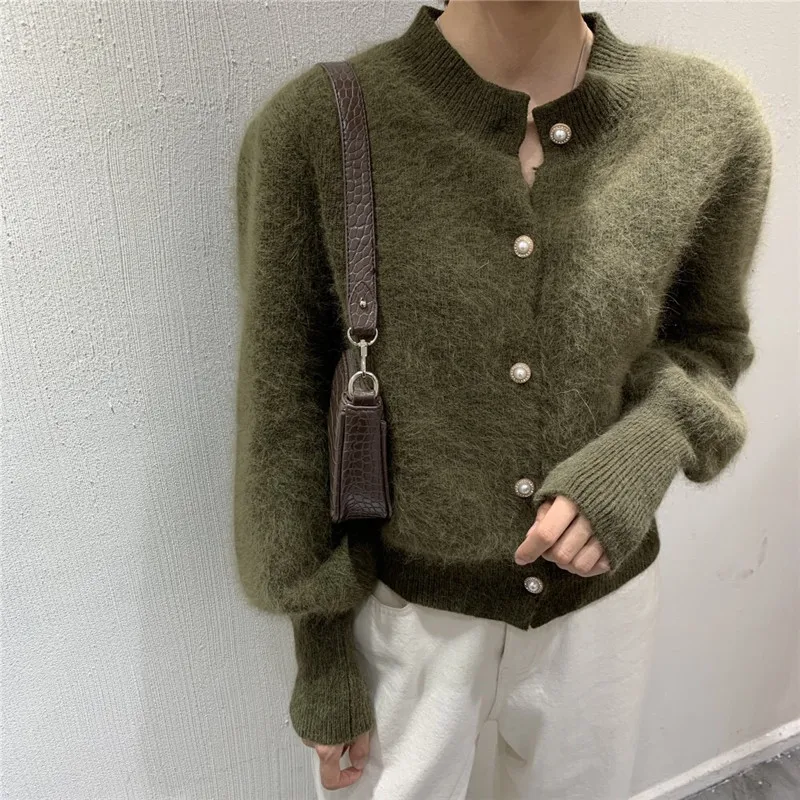 

Korea Chic O-neck Mink Cashmere Sweater Women Retro Single Breasted Latern Long Sleeve with Pearl Button Jumper Outwear Winter