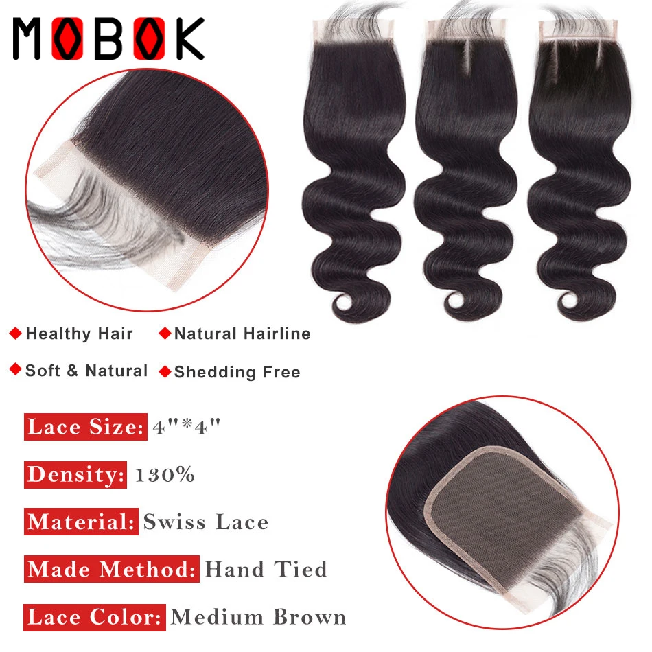 4x4 закрытие шнурка 100% человеческих волос бразильские волосы ткачество