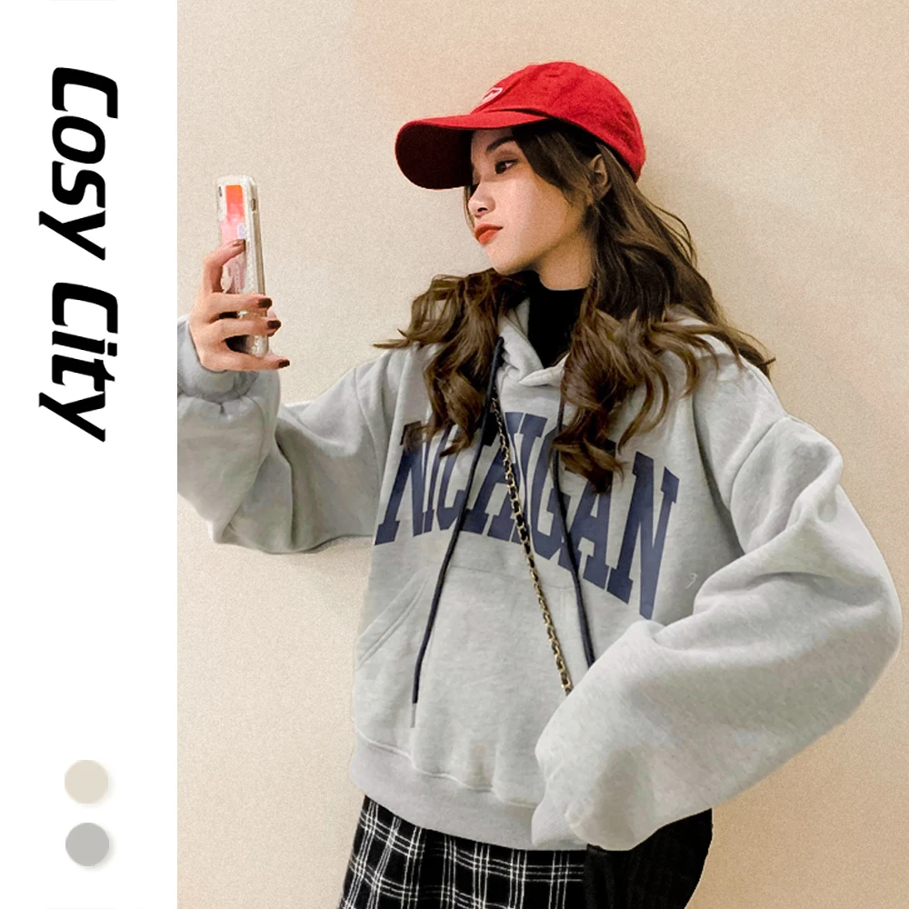 

Women Winter Letter Print Oversize Hoodie Sweatshirt Hooded Pullovers Sweater Plush Blouse Fleece Jacket Autumn Long Sleeve Top