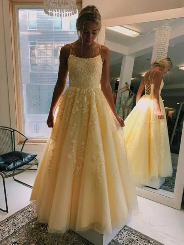 

2020 New Arrival Prom Dresses Evening party Gowns red yellow lace appliques a-line sexy backless robe de soiree prom dress