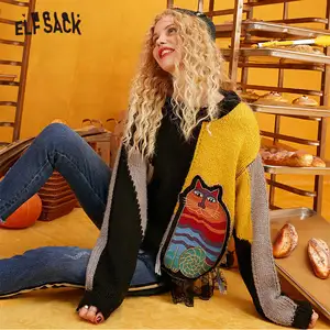 Женский трикотажный пуловер ELFSACK, разноцветный лоскутный пуловер с аппликацией в виде кота, офисные топы на каждый день, зима 2019