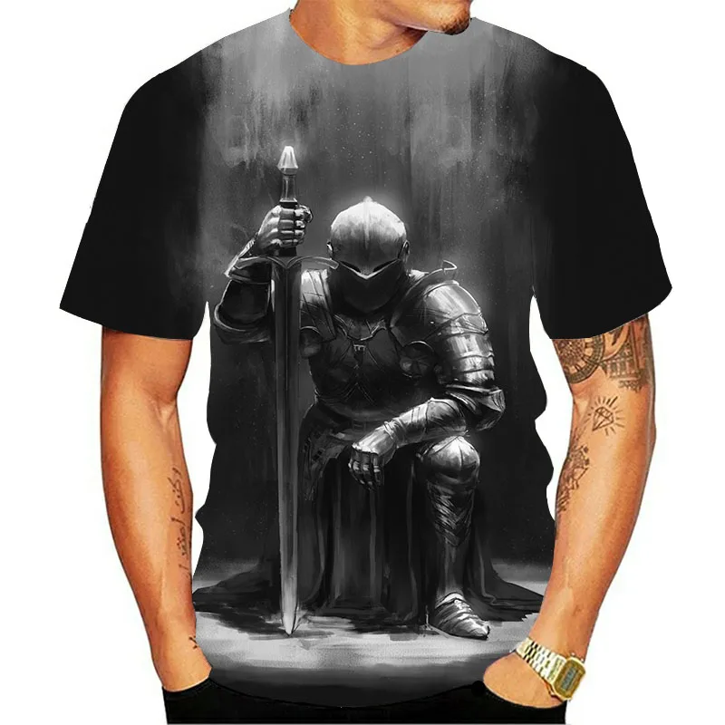 

2021 summer new 3D printing Templar knight cool men's and women's T-shirt street wild children's plus size T-shirt