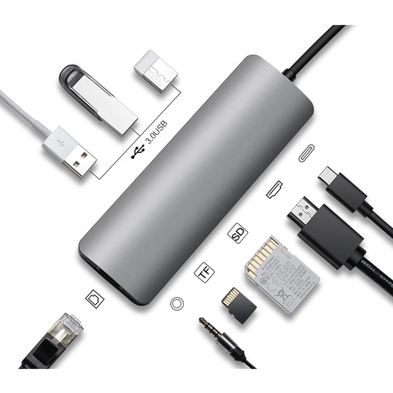 9 в 1 Type C концентратор к Hdmi Usb 3 0 Sd Tf Pd Rj45 Ethernet Lan кардридер адаптер|Адаптеры Type-C| |