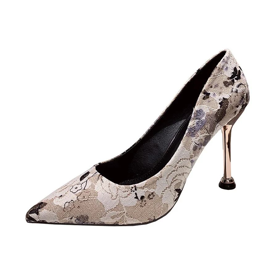 

Fashion Pointed Toe Shallow Mouth Kitten Heel Floral Pumps Women Shoes 2021 Spring High Heels Shoes Ladies Office Party Shoe