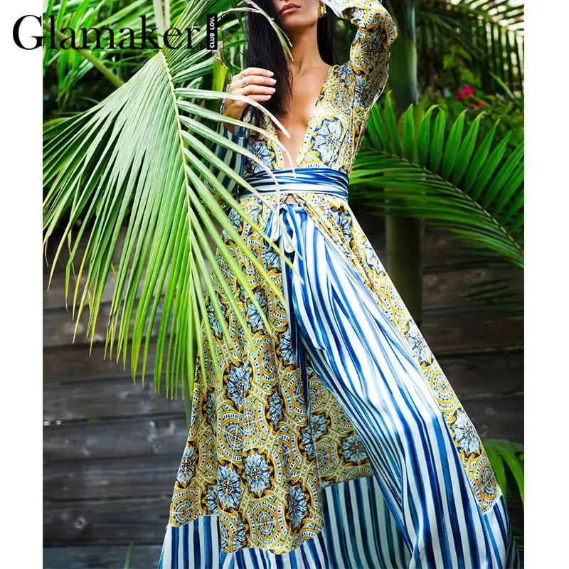 Женское винтажное платье-туника Glamaker пляжное макси-платье для отдыха с v-образным