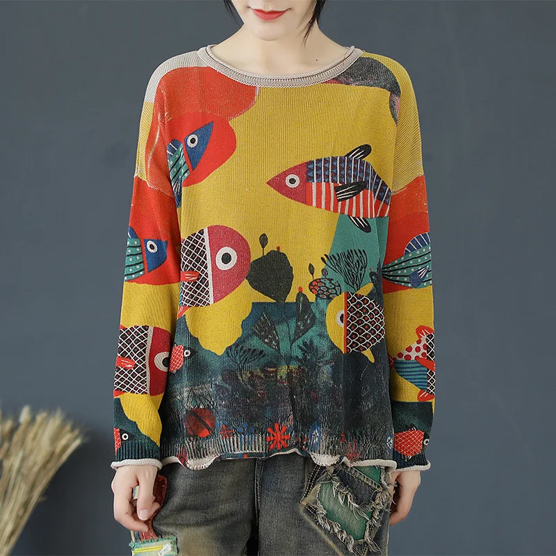 Autumn Sweater Women Retro Knitting Pullovers 2019 New Ladies Loose Tops O-Neck Long-sleeved Print Large size Casual | Женская одежда