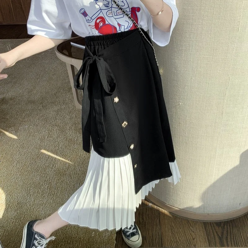 

Женская длинная юбка с поясом на резинке, бежевая винтажная плиссированная юбка составного кроя с асимметричным подолом в стиле пэчворк, ве...