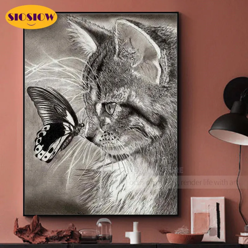 5d Diy Алмазная вышивка крестиком черно-белая кошка бабочка полная круглая дрель