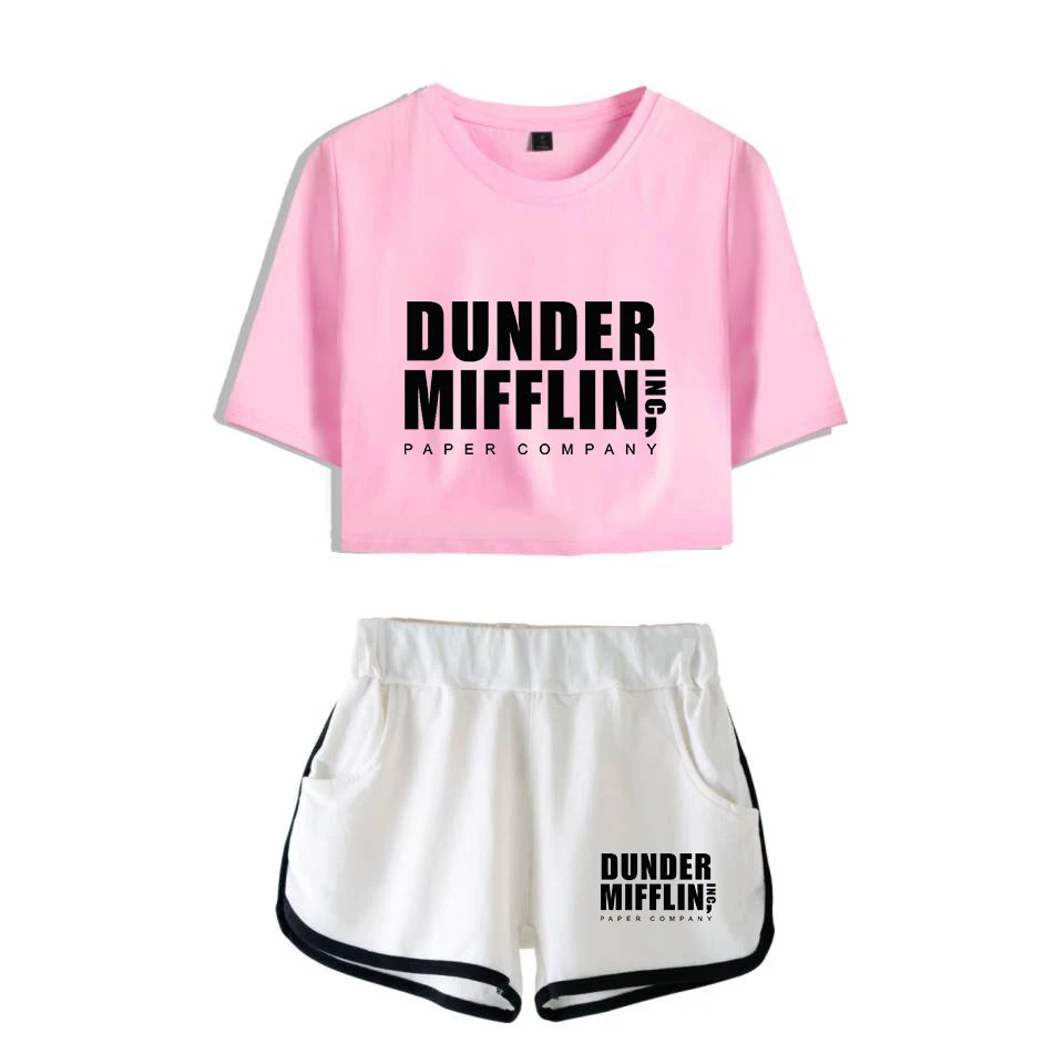

The Office TV Show Dunder Mifflin womens Two Piece Set 2021 Summer Short Sleeve Crop Top+Shorts Girls Casual Sexy Clothes