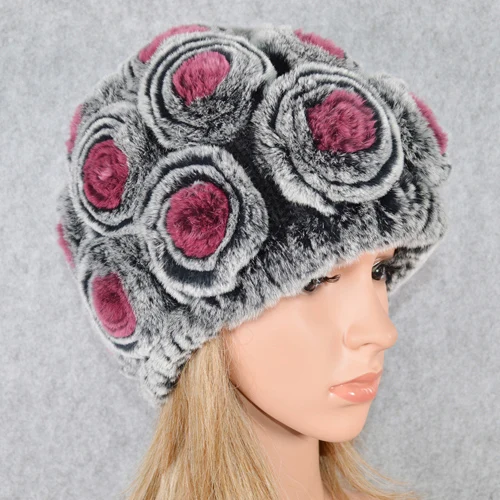 gray and rose red Горячая Распродажа зимние женские вязаные натуральный настоящий мех кролика шапки женские теплые Настоящий мех кролика шапки Цветочные меховые шапочки - Цвет: gray and rose red