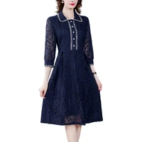 new arrival 2020 spring autumn women dress high quality runway dark blue hollow out lace dress elegant slim party dress
