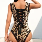 Женский сексуальный кружевной Леопардовый облегающий Боди без рукавов с ремешком сзади на шнуровке, облегающий боди, женский комбинезон