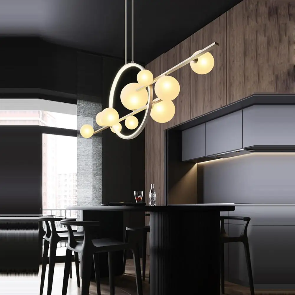 Lámpara LED postmoderna de araña blanca y negra con burbujas de vidrio, lámpara de suspensión para vestíbulo