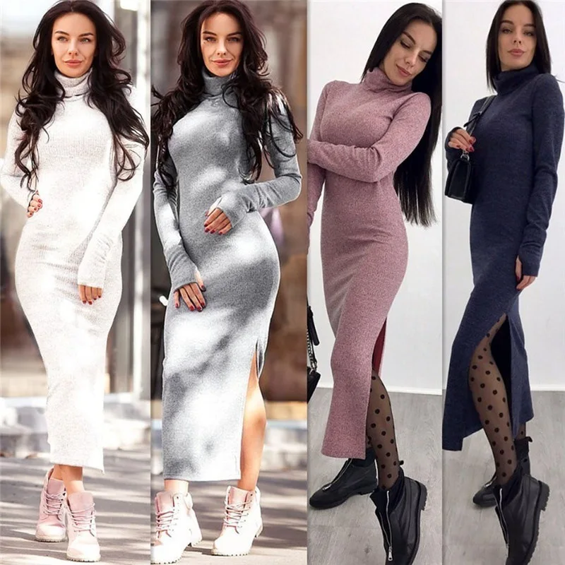

2020 Autumn and Winter Slim Fit Split Dress Women's High Neck Knitted Long Sleeve Sexy Dress Feminine Dress