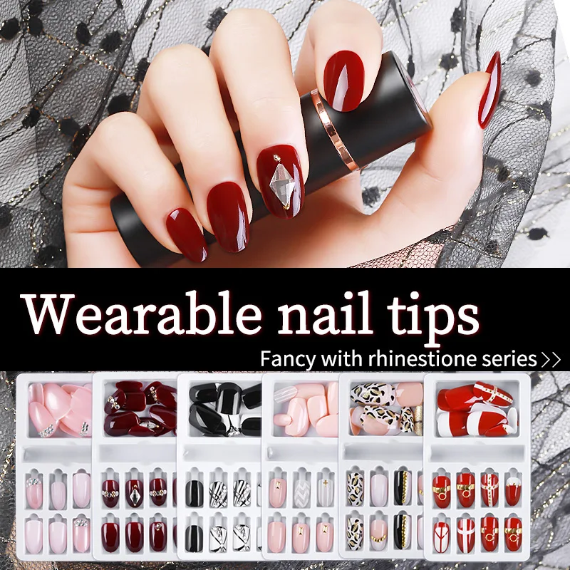 24pcs with Designed Crystal False Nail Artificial Tips Set Full Cover for Decorated Short Press On Nails Art Fake Extension Tips