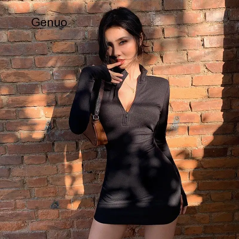 

Autumn Winter Stretch Slim Soft Ribbed Knitted Turtleneck Dress Woman Fashion Solid Black Casual Bodycon Zip Dress