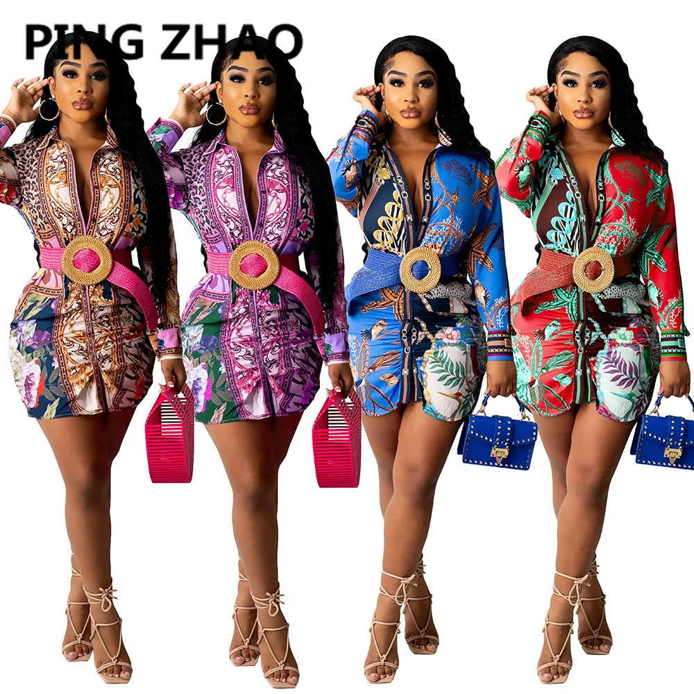 

Женское платье-рубашка с длинным рукавом и цветочным принтом