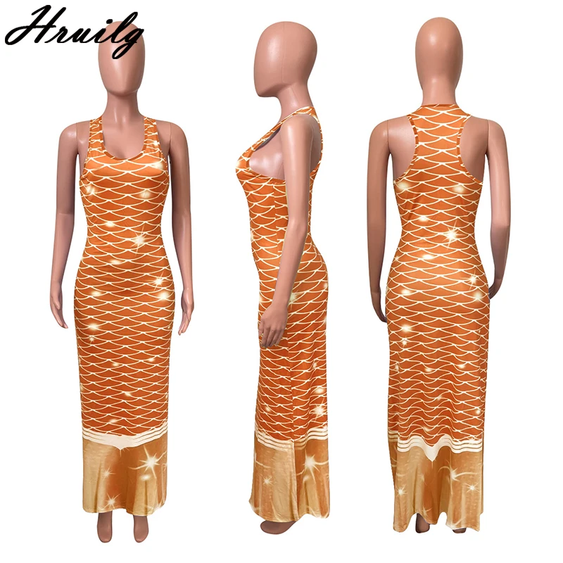 

New Dress 2021 Sleeveless Fish Scales Print High Waist Elegant Woman Dress High Street Fashion Sexy Club Party Midi Dress