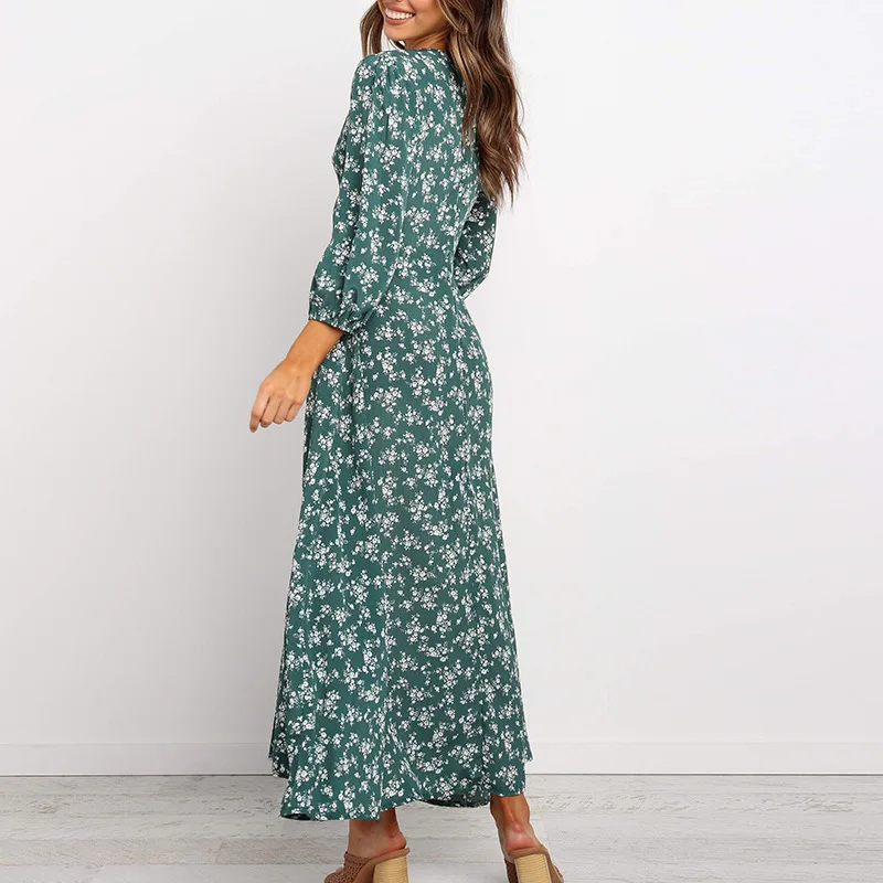 

European American High Quality Clothes Spring Autumn Maxi Long Split Dress Lantern Sleeve Floral Print Women Boho Casual Dress