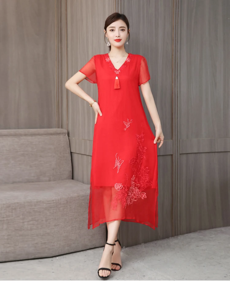 

Chinese style dress retro national wind red v-neck a-line dress