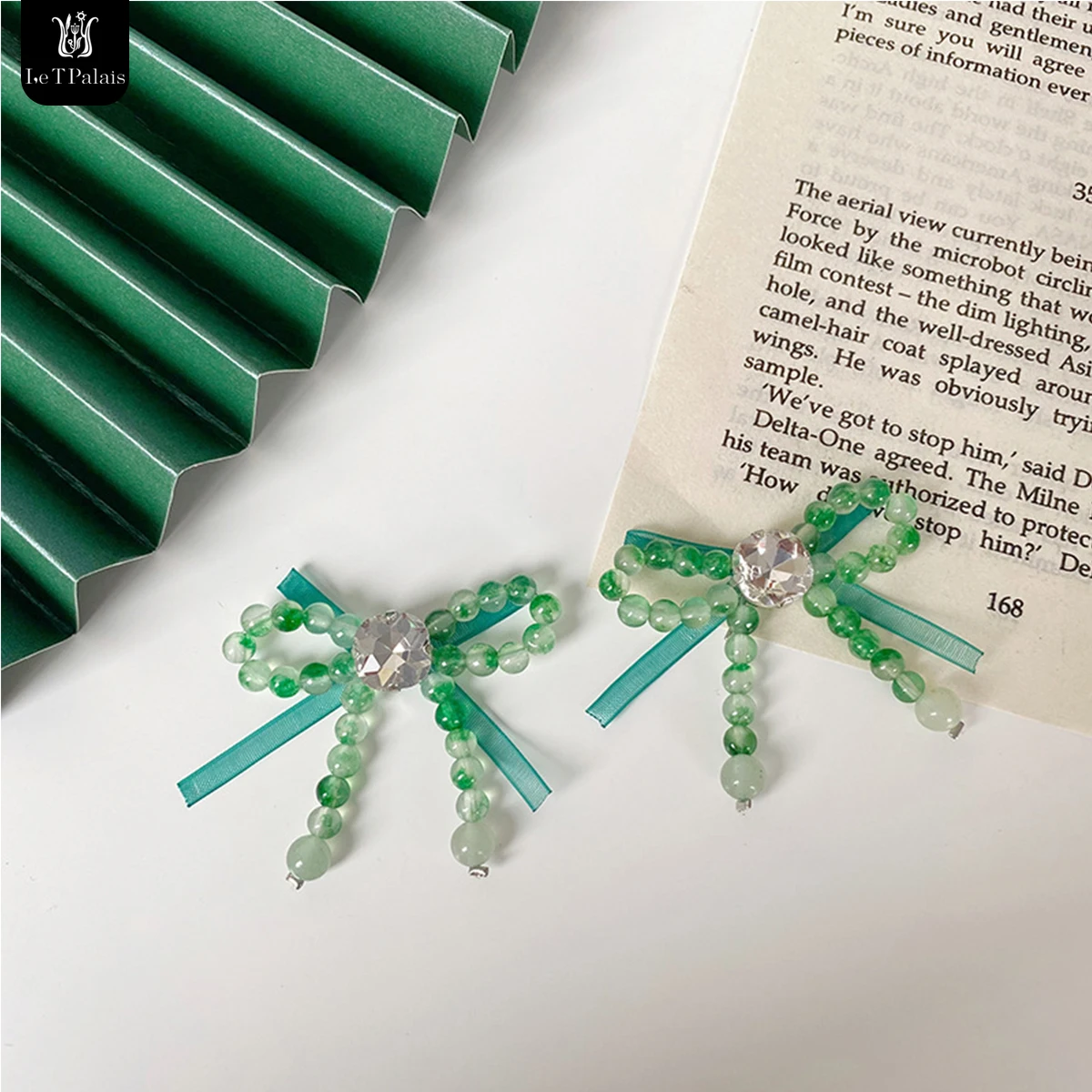 

Le T Palais Fresh Green Bow Beaded Tassel 925 Silver Pin Earrings Girl'S Heart Ribbon Pendant Korean Women's Glass Earrings