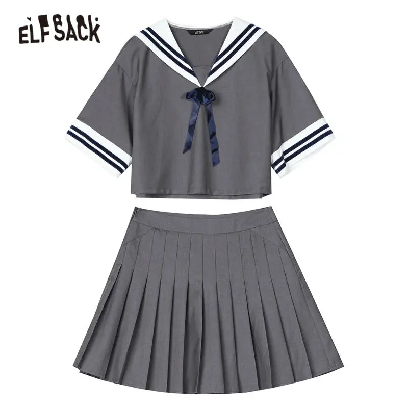 

ELFSACK Gray Colorblock Casual Women Sailor Matching Sets 2020 Summer ELF Feminism Korean Ladies JK Uniform Two Piece Suits