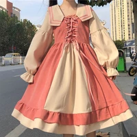 japan kawaii women dress sweet girl one piece princess dress summer navy collar petal sleeve solid color dresses vestidos