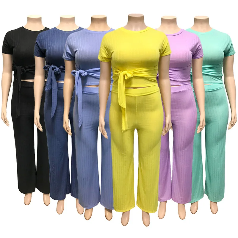 Повседневный Женский комплект размера плюс футболка с поясом и строгие штаны из 2
