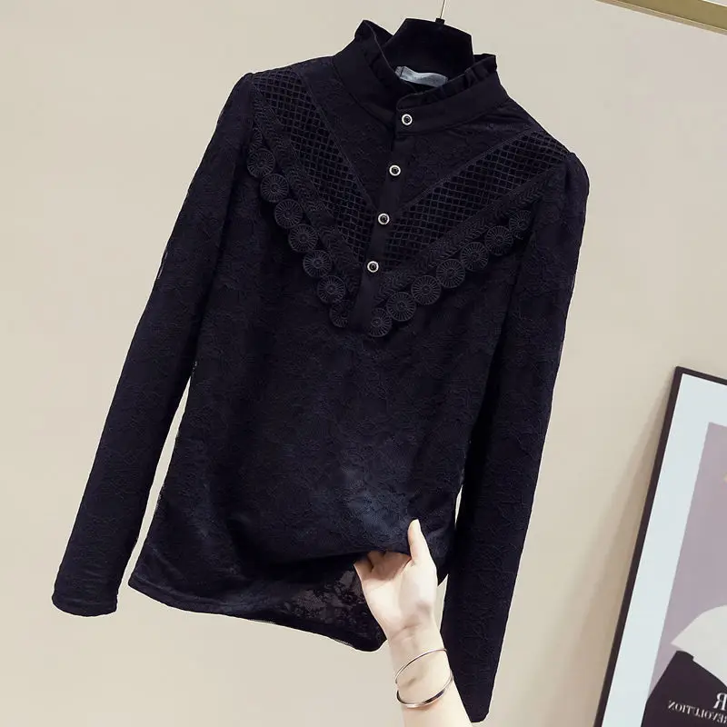 

2021 Spring Autumn Women Thick Warm Stand-up Collar Lace Blouses Female New Slim Shirt Long-sleeve Tops Y282