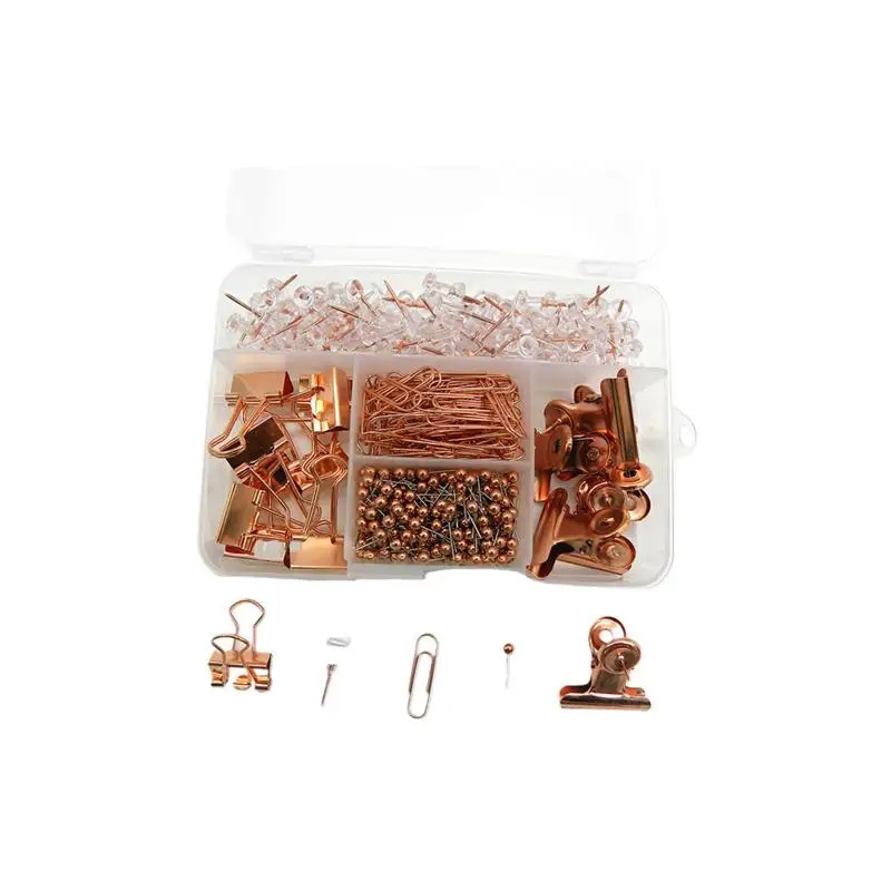 

500PCS Rose Gold Push Pins Binder Clips Ordinary Paper Clips Stationery Combination Set for Office School Home