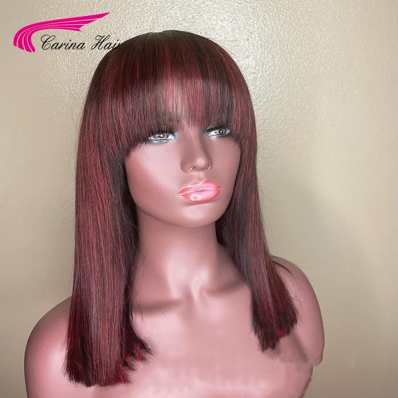 Хайлайтер красный короткий боб парик с челкой полностью машинное изготовление