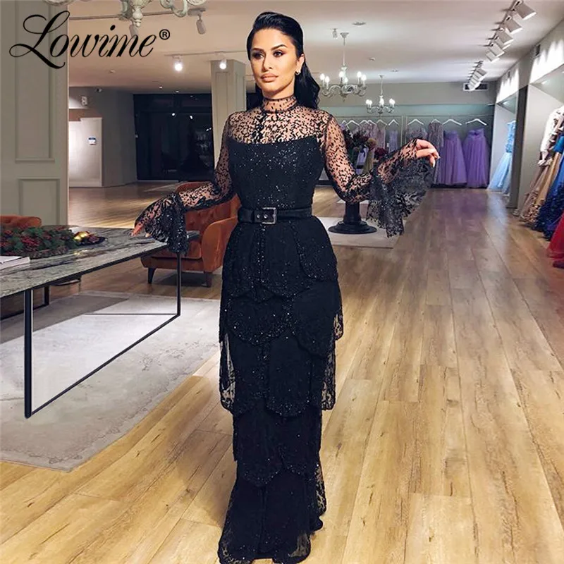 

Illusion Black Glitter Evening Dresses Tiered Prom Dress Custom Full Sleeves Formal Arabic Dubai Middle East Women Party Gowns