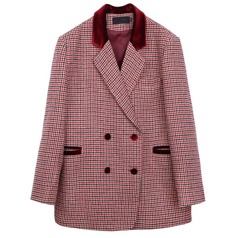 

[EAM] Women Red Big Size Plaid Vintage Blazer New Lapel Long Sleeve Loose Fit Jacket Fashion Tide Spring Autumn 2021 1DD6437