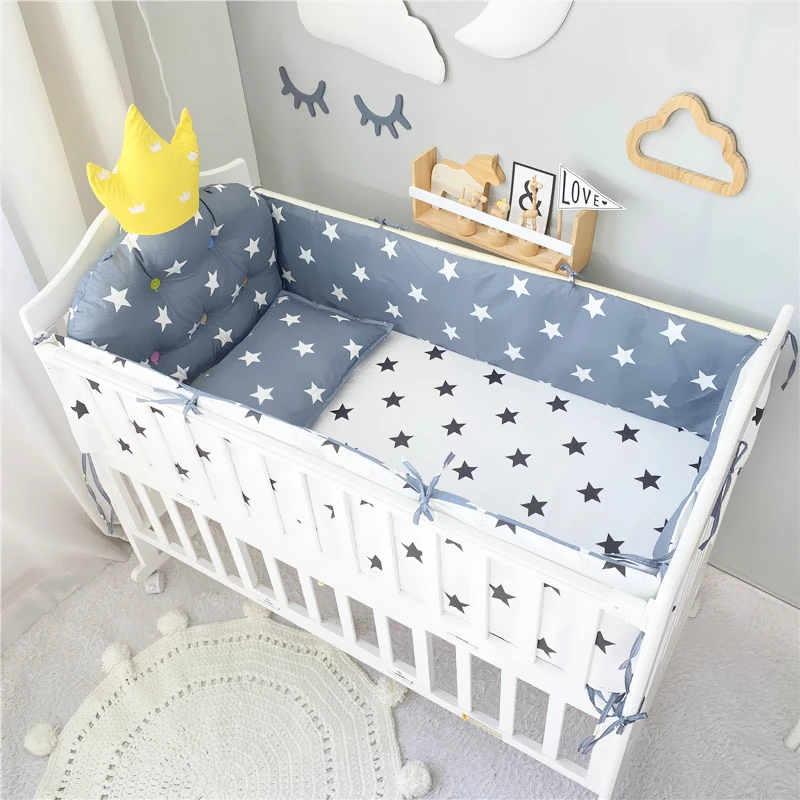 6Pcs Baby Bedding Set Crown Cushion Newborn Cot Protector Bumper 100%Cotton Washable Infant Crib Bed Sheet Pillowcase Room Decor