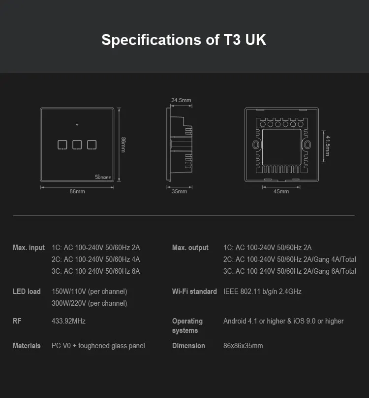 Sonoff T3 UK 1 2 3 банда умный дом пульт дистанционного управления Wifi сенсорный переключатель Роскошная стеклянная панель сенсорный светодиодный светильник настенный таймер переключатель черный