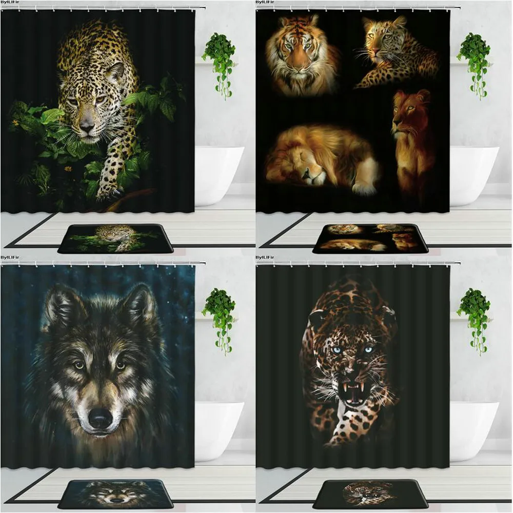 

Forest Wildlife Shower Curtains Cheetah Tiger Lion Wolf Fabric 3D Print Bathroom Curtain Set Non-Slip Bath Mat Carpet Home Decor