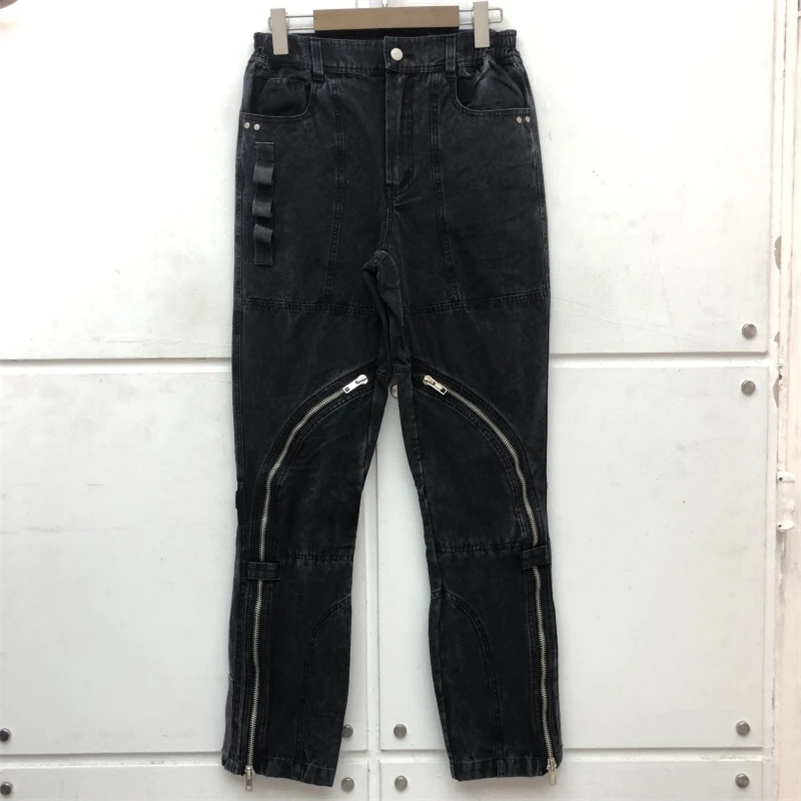 Zipper Wash Black Jeans Men Women Superior Quality Solid Color Straight Jeans Make Old Vintage Trouser