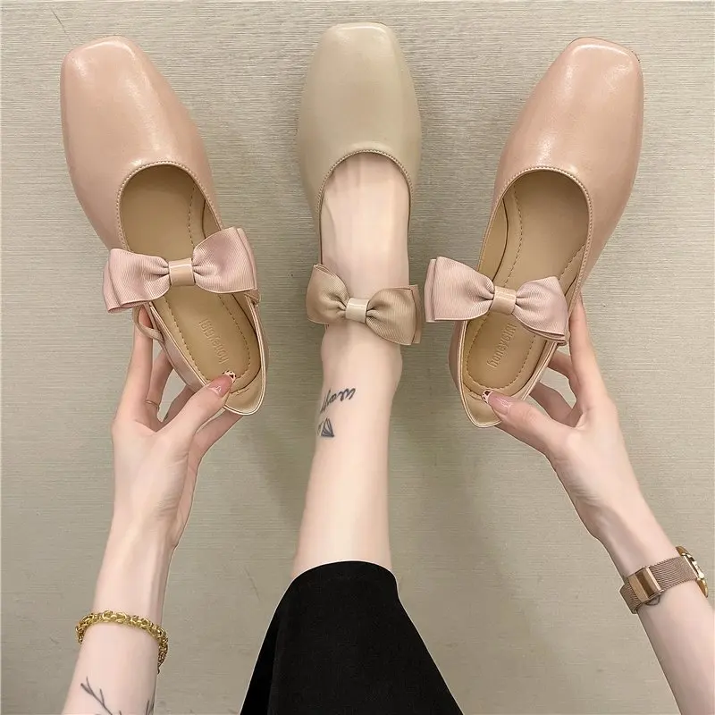 

Shoes Woman Flats Low Heels Bow-Knot Square Toe Shallow Mouth Casual Female Sneakers Modis Dress New Grandma Butterfly Summer