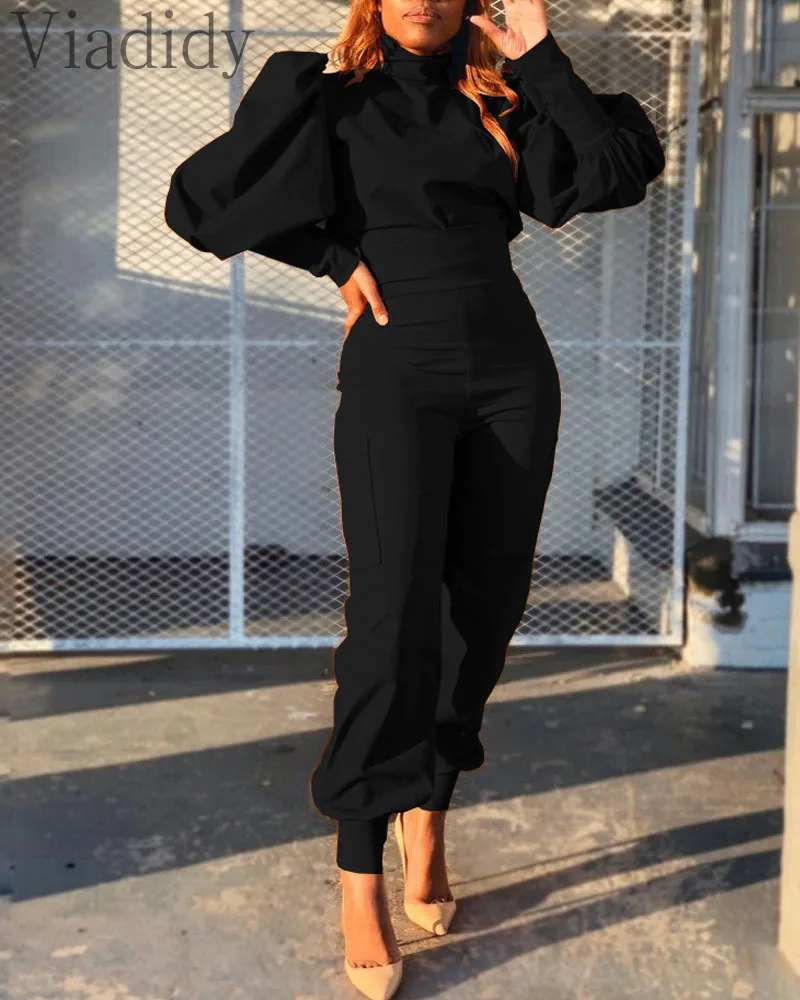 Женский Повседневный однотонный комплект из 2 предметов блузка с пышными