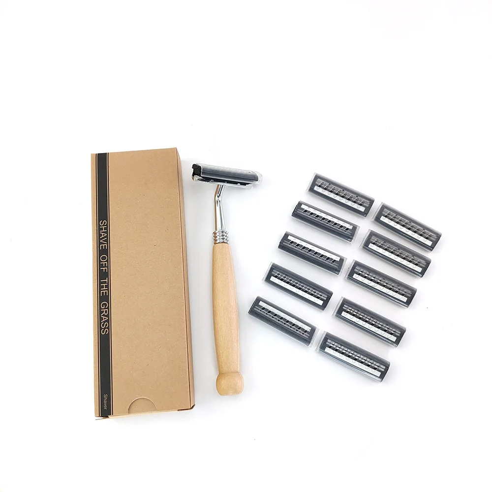 

Eco-Friendly Reusable wood razor non-disposable stainless steel razor Replaceable razor head retro beard knife Men Shaving